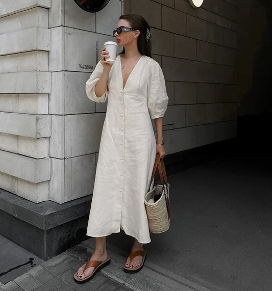 Cotton Cloud Puff-Sleeve Linen Dress