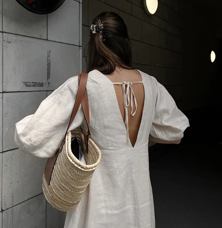 Cotton Cloud Puff-Sleeve Linen Dress