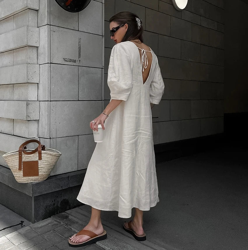 Cotton Cloud Puff-Sleeve Linen Dress